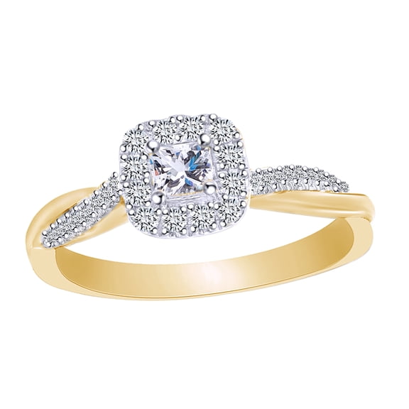 AFFY 3/8 Carat Princess & Round Cut White Natural Diamond Twisted Engagement Ring In 10k Solid Yellow Gold (0.38Cttw) Ring Size-6
