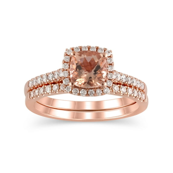 3/8 Carat T.W. (I2 clarity, H-I color) Brilliance Fine Jewelry Cushion cut Morganite and Diamond Bridal set in 10kt Pink Gold, Size 9