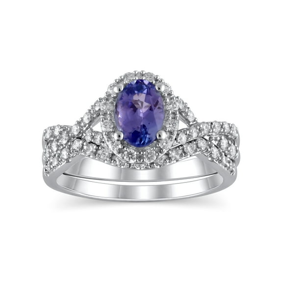 3/8 Carat T.W. (I2 clarity, H-I color) Brilliance Fine Jewelry Oval cut Tanzanite and Diamond Bridal set in 10kt White Gold, Size 5