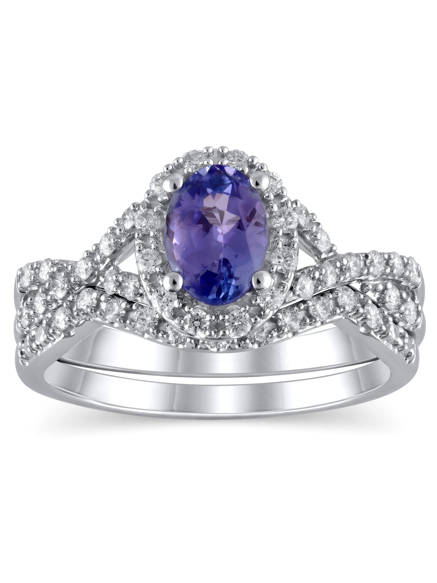 3/8 Carat T.W. (I2 clarity, H-I color) Brilliance Fine Jewelry Oval cut Tanzanite and Diamond Bridal set in 10kt White Gold, Size 9