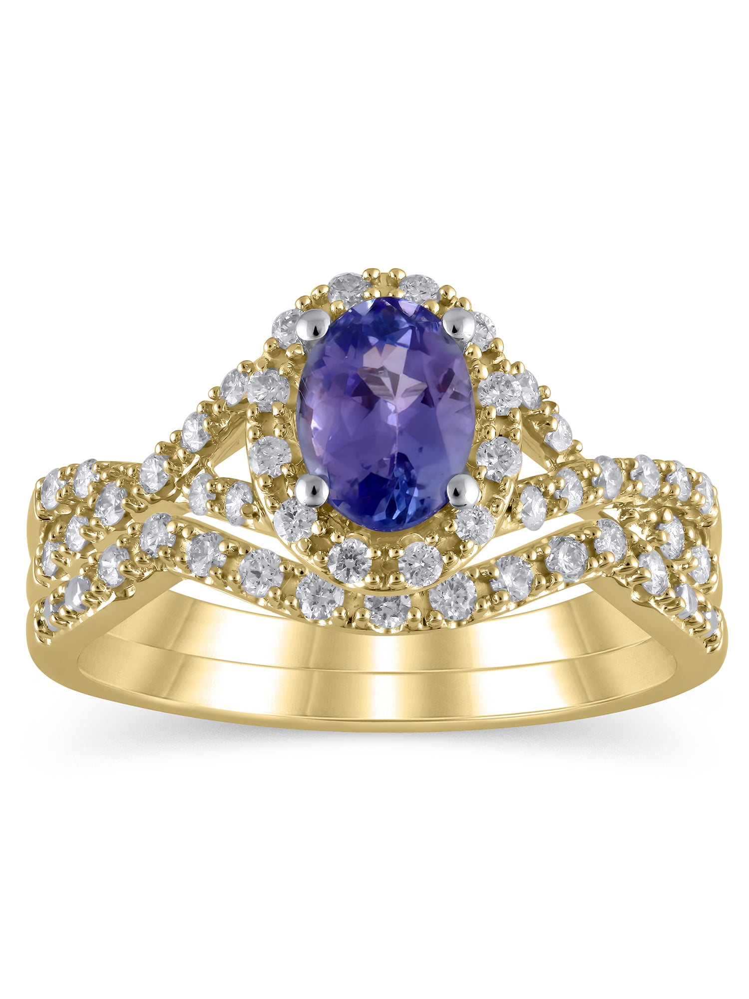3/8 Carat T.W. (I2 clarity, H-I color) Brilliance Fine Jewelry Oval cut Tanzanite and Diamond Bridal set in 10kt Yellow Gold, Size 5