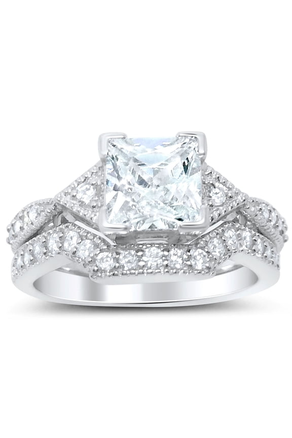 3.8 Carat TW Princess Cut CZ Wedding Ring Set in Sterling Silver for Women Size 8