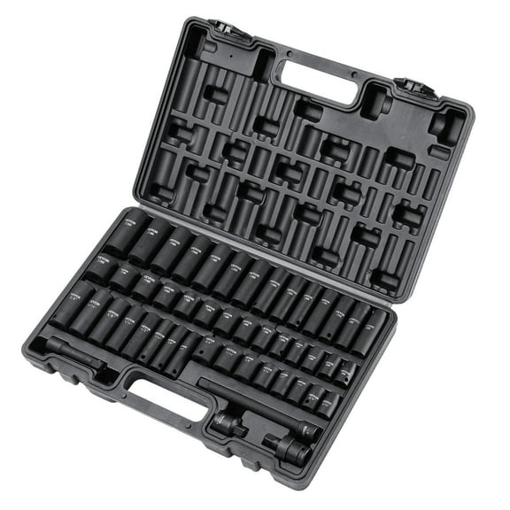 3/8" Drive 48-Piece Impact Socket Set, SAE (5/16"-3/4") & Metric (8-22mm) 6-Point, Cr-V Steel, Includes Extensions, Universal Joint & Drill Adapter, Storage Case  for Impact Wrench, Power Tools