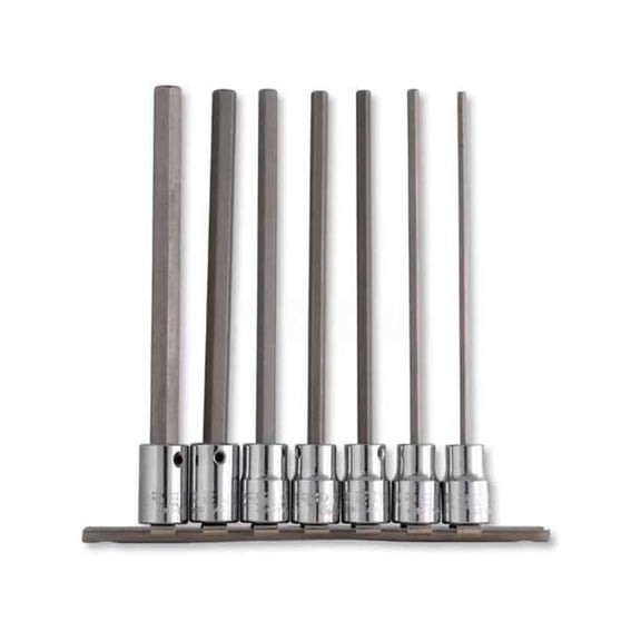 Urrea Professional Tools B993765 Hex Tip Socket Set - 0.37 in. Drive with Clips & Rail - Silver - 7 Piece