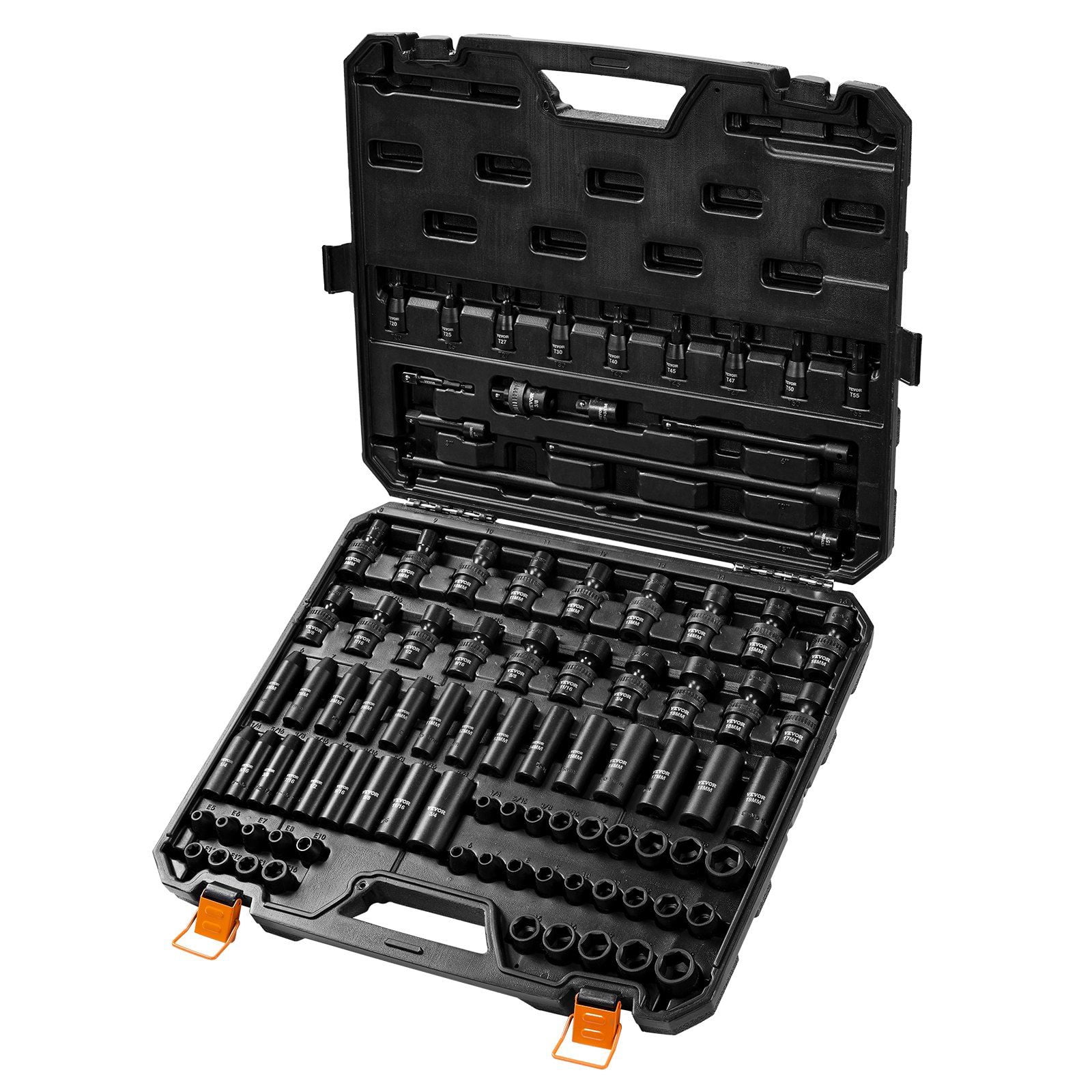 3/8" Drive 90-Piece SAE & Metric Impact Socket Set, Cr-Mo Steel, 6-Point, w/Extensions & Case - Auto Repair Tools
