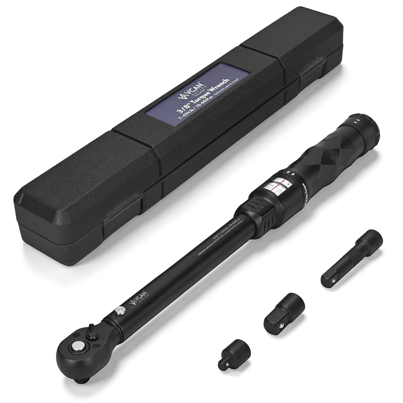 3/8" Drive Click Torque Wrench Set 10-60 Nm 72-Tooth with 1/2" Adapter & 3" Extension
