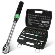 3/8 Drive Click Torque Wrench Set, 5-60 N.m, 32PCS Professional Torque Tool Kit with Extension Bar, Adapter, Bits & Portable Case for Bicycle, Motorcycle, Car Maintenance