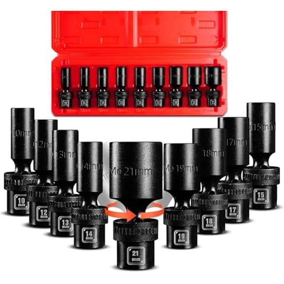 3/8" Drive Deep Universal Impact Socket Set, 9-Piece Swivel Socket Set, Metric Flexible Wobble Sockets, 10-21mm, 6 Point, CR-MO, With Heavy Duty Storage Case$$Tools & Hardware Other