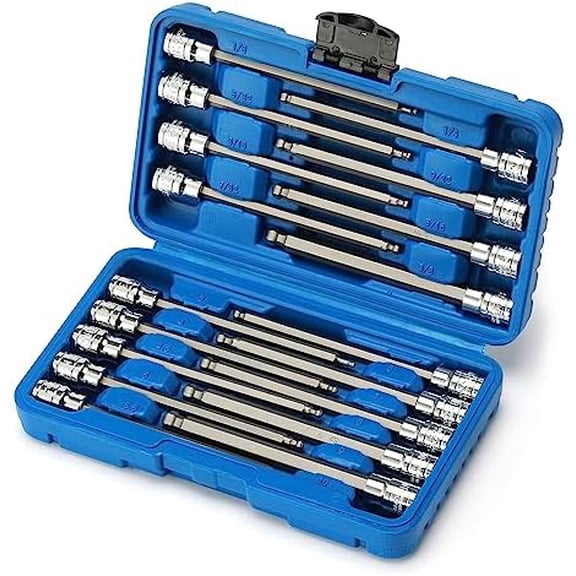 3/8"Drive Extra Long Ball-End Hex Bit Socket Set, 18 Piece Allen Socket Set, Metric & SAE, 3mm to 10mm, 1/8" to 3/8", CR-V and S2 Steel$$Tools & Hardware Other