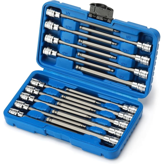 3/8"Drive Extra Long Ball-End Hex Bit Socket Set, 18 count Allen Socket Set, Metric & SAE, 3mm to 10mm, 1/8" to 3/8", CR-V and S2 Steel