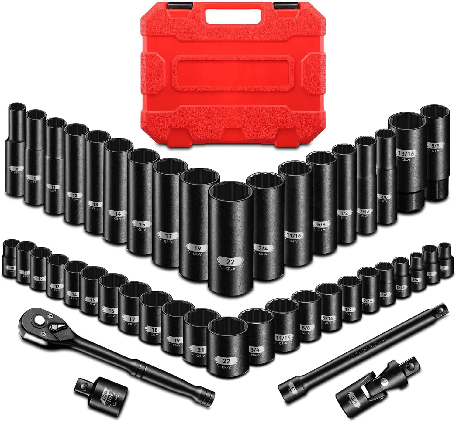 3/8" Drive Impact Socket Set, 45 Pieces Standard SAE (1/4" to 3/4") and Metric (6-22 mm), 6 Point, 72-Tooth Ratchet Handle, 6" Extension Bar, Adapters, Universal Joint, Spark Plug Socket