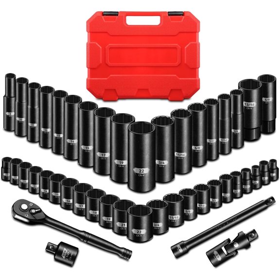 3/8" Drive Impact Socket Set, 45 Pieces Standard SAE (1/4" to 3/4") and Metric (6-22 mm), 72-Tooth Ratchet Handle, 6" Extension Bar, Adapters, Universal Joint, Spark Plug Socket