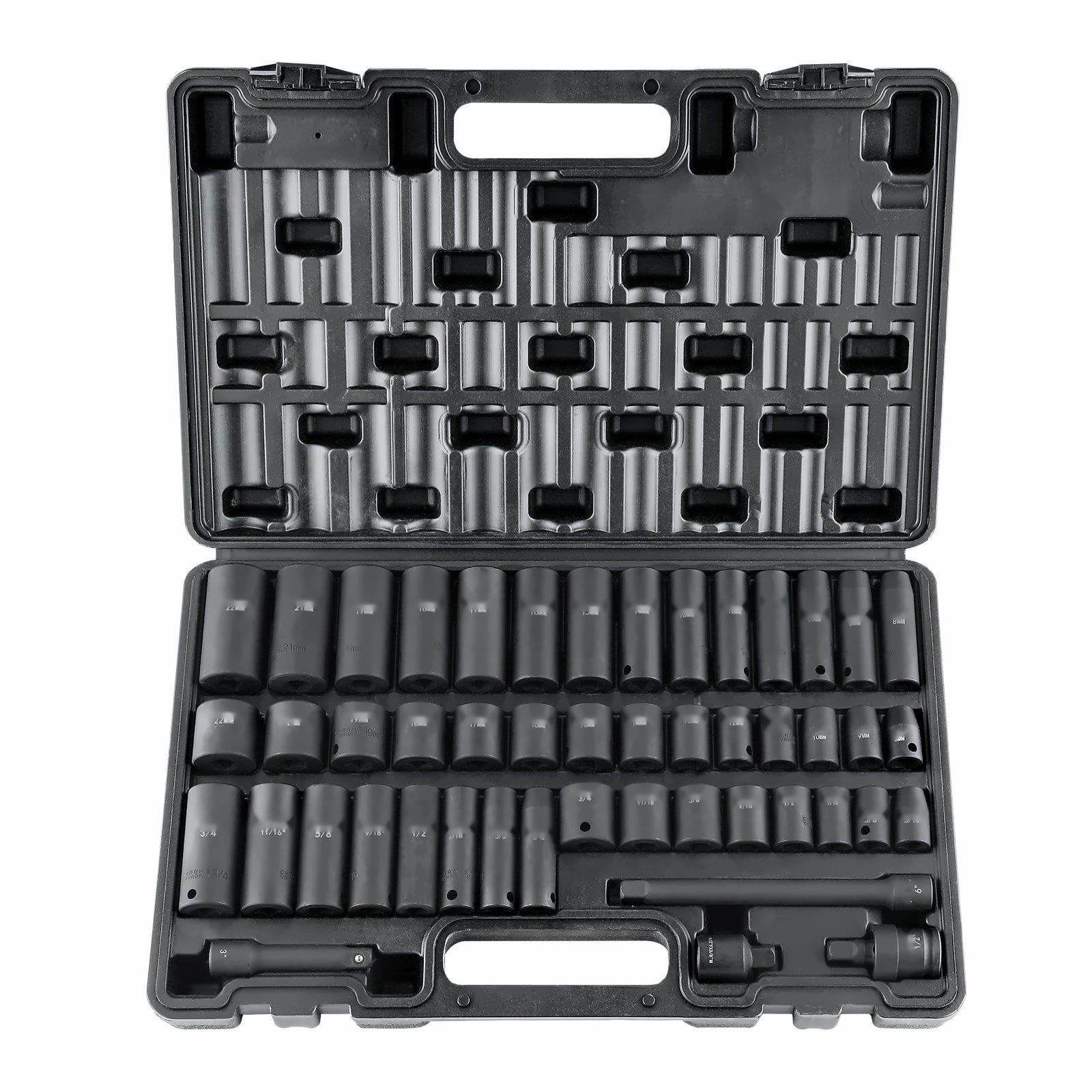 3/8" Drive Impact Socket Set, 48 Piece - SAE & Metric (5/16"-3/4", 8-22mm) with Extension, Universal Joint & Adapter