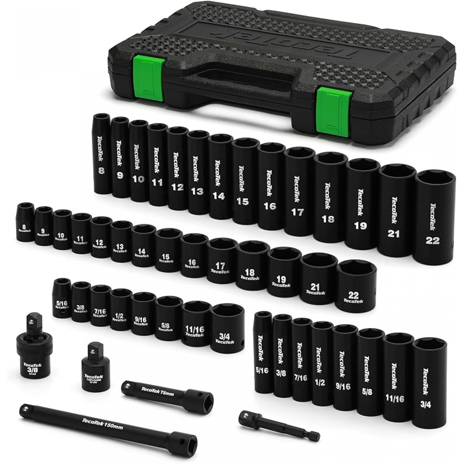 3/8" Drive Impact Socket Set, 49-Piece Standard SAE (5/16"-3/4") and Metric (8mm-22mm), 6 Point, Cr-V, Extension Bars, 1/2" F to 3/8" M Reducer, Universal Joint and Power Drill Adapter