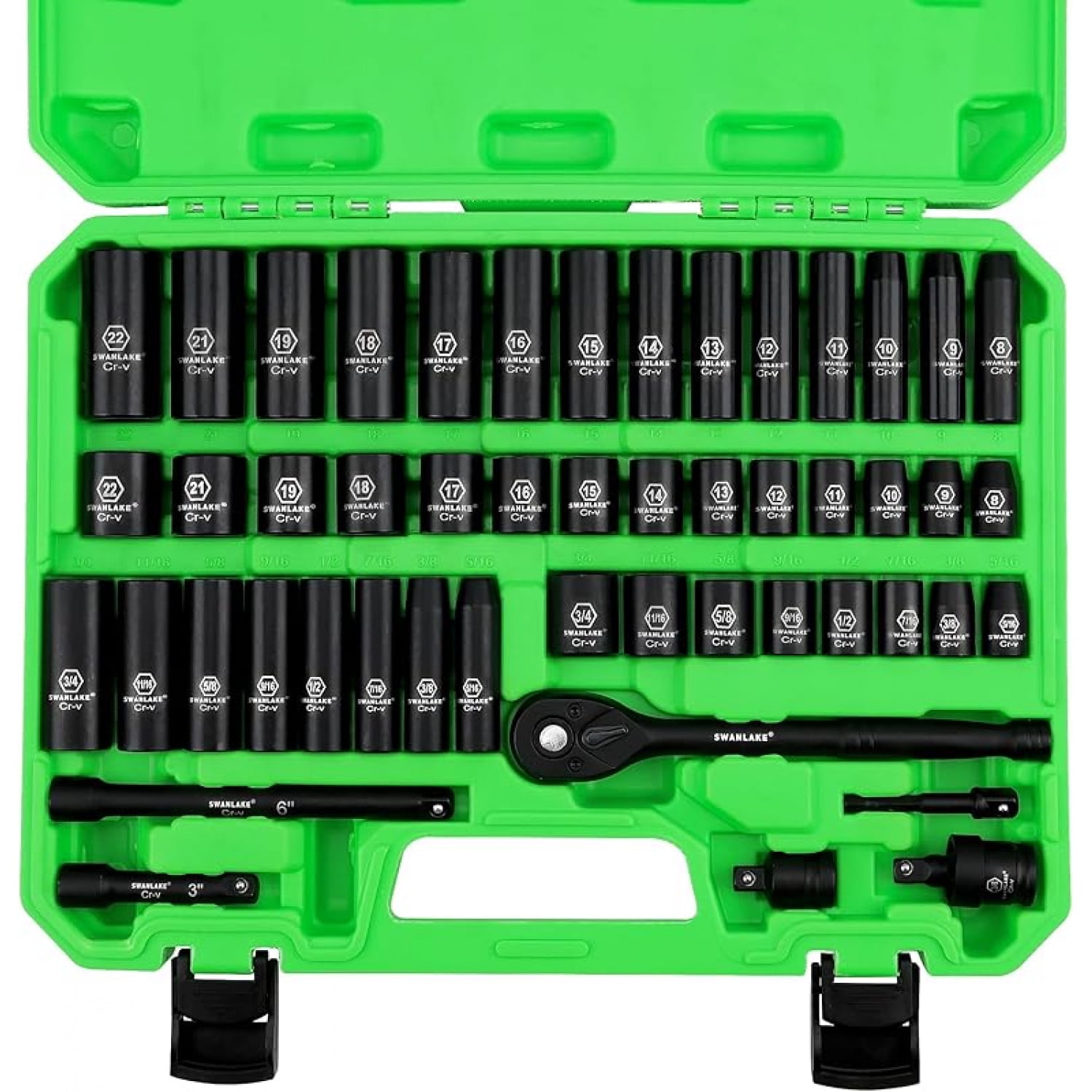 3/8" Drive Impact Socket Set, 50-Piece Standard SAE (5/16 to 3/4 inch) and Metric (8-22mm) Size, 6 Point, Cr-V, 3/8-Inch Ratchet Handle, Extension Bar, Universal Joint