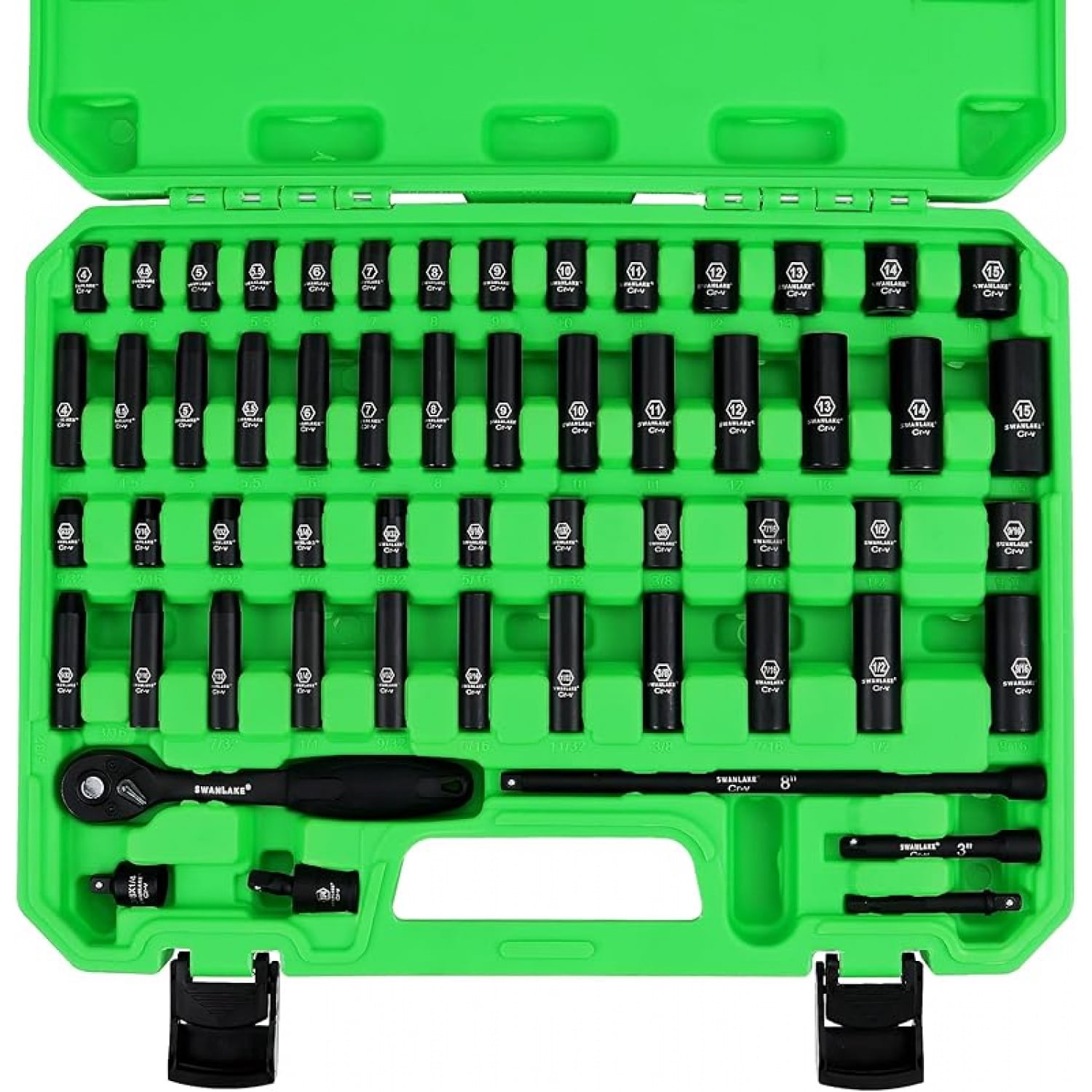 3/8" Drive Impact Socket Set, 50-Piece Standard SAE (5/16 to 3/4 inch) and Metric (8-22mm) Size, 6 Point, Cr-V, 3/8-Inch Ratchet Handle, Extension Bar, Universal Joint