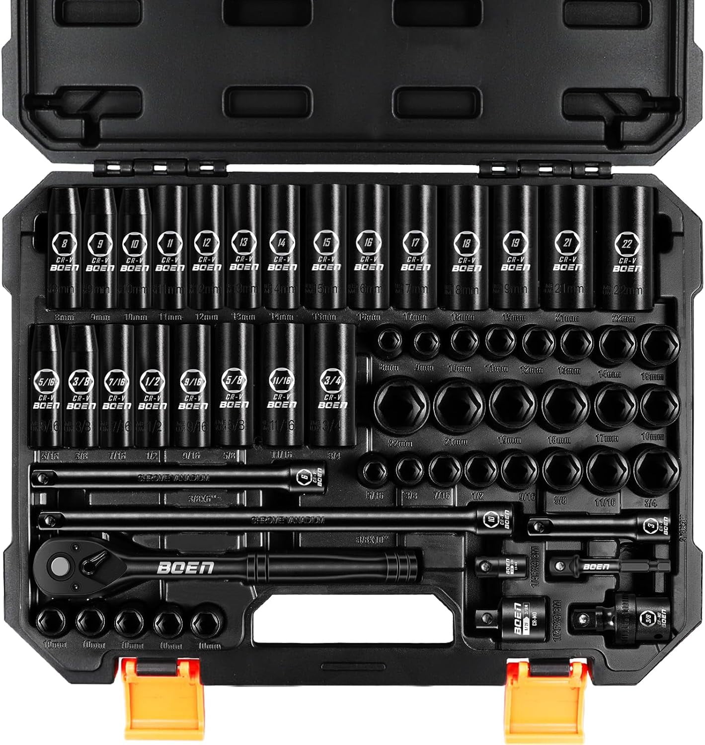 3/8" Drive Impact Socket Set, 57-Piece Standard SAE (5/16 to 3/4 inch) and Metric (8-22mm), Include Ratchet Handle, Extension Bar, Universal Joint, Adapter, and Additional 5 10mm Sockets