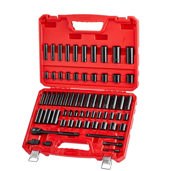 3/8 Drive Impact Socket Set 64 Piece 6 Point Deep Shallow SAE Metric 5/16 to 1 Inch 6-24mm with Extensions Cr-V Case