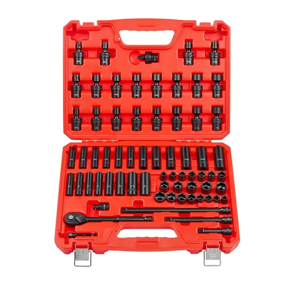 3/8 Drive Impact Socket Set 67 Piece 6 Point Shallow Deep SAE Metric 5/16 to 3/4 Inch 8-19mm Swivel Adapter Cr-V Case