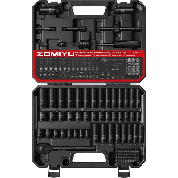3/8" Drive Impact Socket Set, 95-Piece Standard SAE (5/16"-3/4") & Metric (8-22mm), Cr-V, 6 Point Deep/Shallow Socket Set with 3/8" Ratchet Handle, Adapter, Extension Bar, Spark Plug Socket
