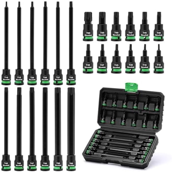 3/8" Drive Impact Torx Bit Socket Set, Extra Long Torx Socket, S2 Alloy Steel Star Bit Sockets, 24PCS Star Bit Set, T10-T60, 2in & 6in Long, CR-V & S2 Alloy Steel Set, Enhanced Storage Case