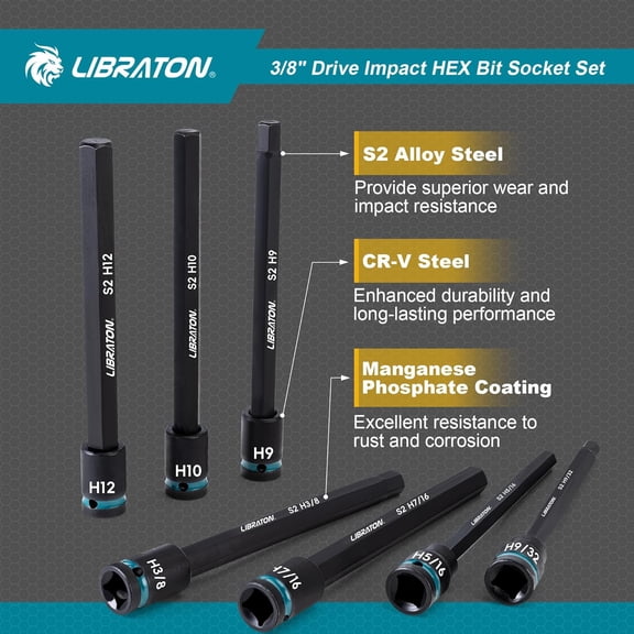 3/8" Drive Long Impact Hex Bit Socket Set, Allen Bit Sockets, S2 Steel Hex Head Sockets, 20PCS Allen Wrench Socket, SAE&Metric Allen Bit Socket Set, 6" Long Allen Key Socket, Blow Molded Box