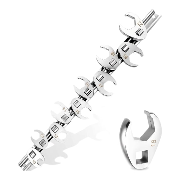 3/8" Drive Metric Crowfoot Wrench Set, 11-Piece Flare Nut Design 10-22mm, CR-V Steel Open End Torque Wrench Set with Clip-On Organizer for Tight Automotive & Plumbing Spaces