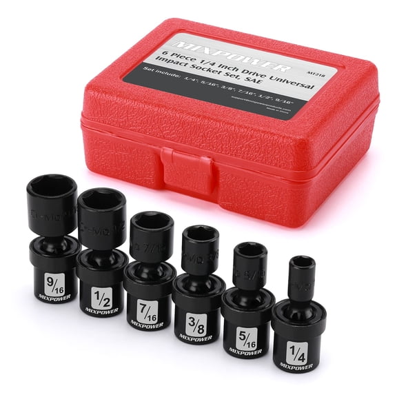 3/8" Drive Shallow Impact Universal Joint Swivel Socket Set, SAE, 5/16" - 1", Shallow, Flexible Wobble, Chrome Molybdenum Steel, 12 Pieces Set