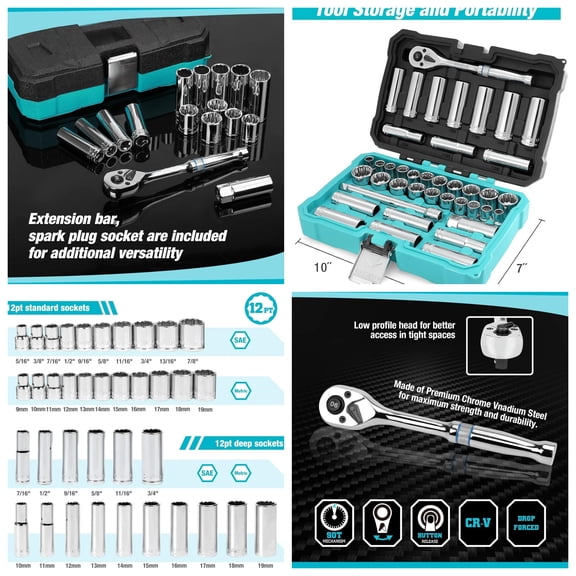 3/8" Drive Socket Set, 40 Piece Tool Set Including Standard (SAE) and Metric Sockets, 90-Tooth Ratchet Handle and Extension Bar