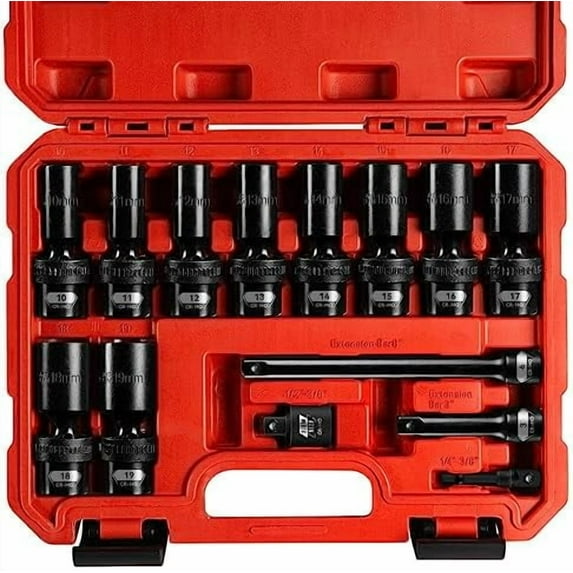 3/8" Drive Swivel Socket Set, 14 Pieces Deep Universal Impact Socket Set, Metric(10-19mm) Flexible Wobble Socket Set, 6 Point, CR-MO, 3", 6" Extension Bars, Socket Adapter