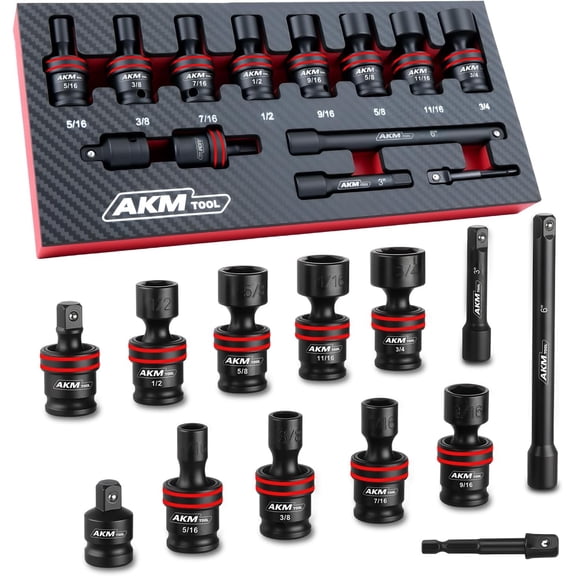3/8" Drive Universal Impact Socket Set, 13 Piece Swivel Socket Set, Universal Joint Wobble Socket 6-Point, SAE, 5/16"-11/16", Cr-Mo, with Extension Bars, Socket Adapter, Drill Bit Adapter