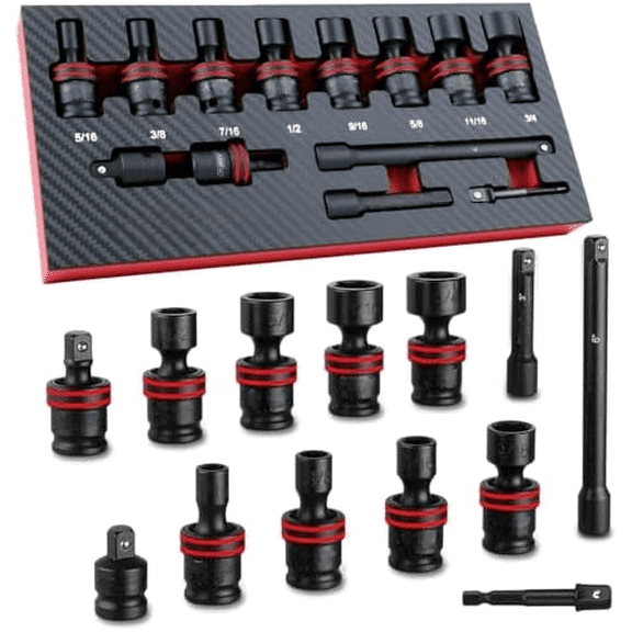 3/8" Drive Universal Impact Socket Set, 13 Piece Swivel Socket Set, Universal Joint Wobble Socket 6-Point, SAE, 5/16"-11/16", Cr-Mo, with Extension Bars, Socket Adapter, Drill Bit Adapter