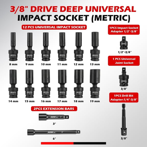 3/8" Drive Universal Impact Socket Set, 17 Piece Swivel Socket Set, Wobble Sockets, Flexible, 6-Point, Metric, 8-19mm, Cr-Mo, with 3" 6" Extension Bars and Adapter