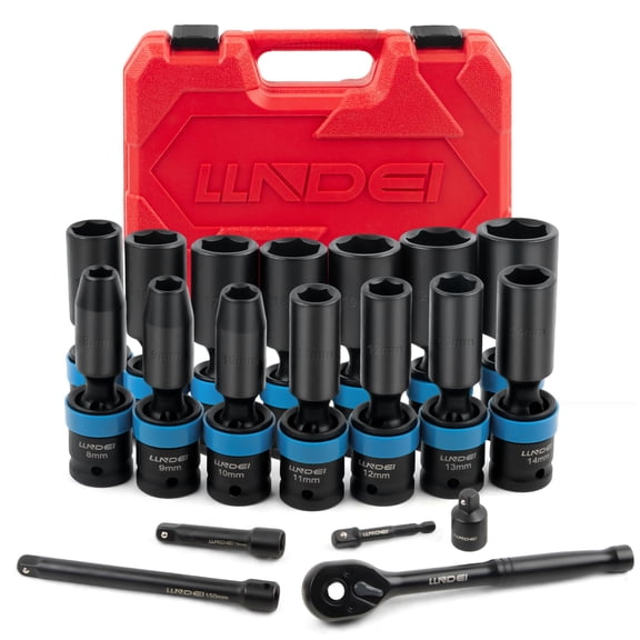 3/8" Drive Universal Impact Socket Set, 19 Pieces CR-MO Swivel Socket Set, Metric(8-22mm) Wobble Sockets 6 Point with Extension Bars, Adapter and Black Organizer
