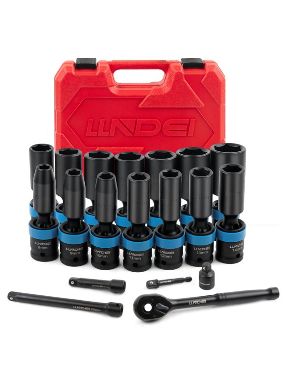 3/8" Drive Universal Impact Socket Set, 19 Pieces CR-MO Swivel Socket Set, Metric(8-22mm) Wobble Sockets 6 Point with Extension Bars, Adapter and Black Organizer