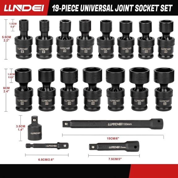 3/8" Drive Universal Impact Socket Set, 19 Pieces CR-MO Swivel Socket Set, Metric(8-22mm) Wobble Sockets 6 Point with Extension Bars, Adapter and Black Organizer
