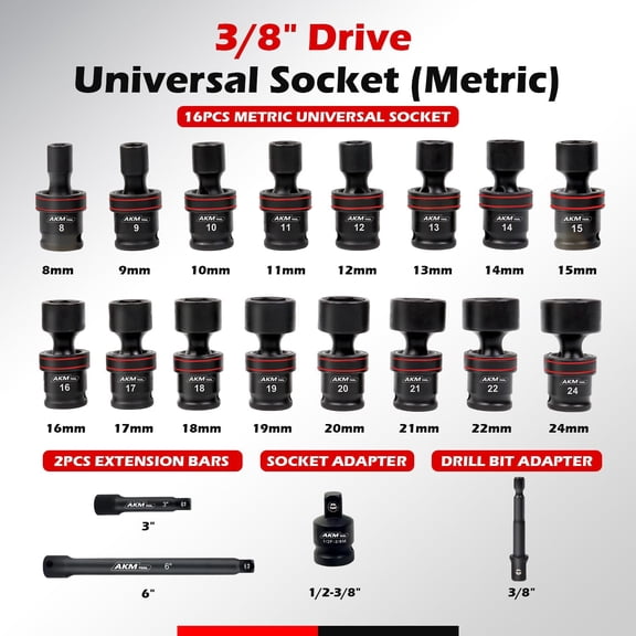 3/8" Drive Universal Impact Socket Set, 20 Piece Swivel Socket Set, Universal Joint Socket 6-Point, Metric, 8-22mm, Cr-Mo, with Extension Bars, Socket Adapter, Drill Bit Adapter