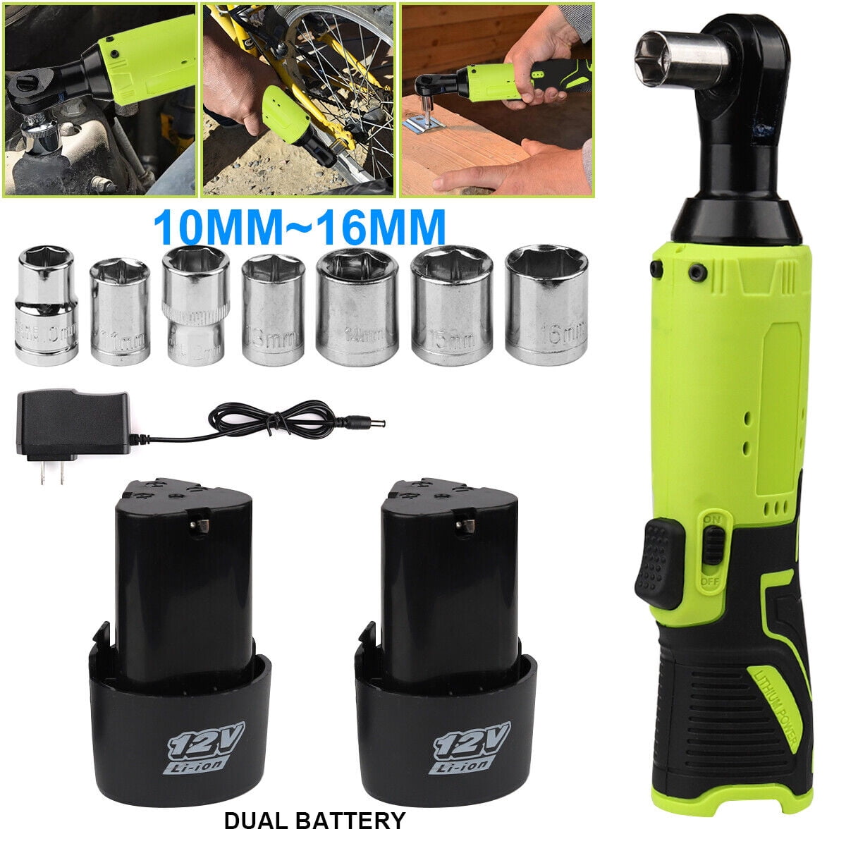 Electric Cordless Ratchet 3/8\" Right Angle Wrench Impact 2 Batteries 7 Sockets