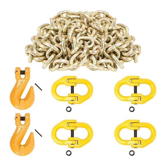 3/8" G70 Transport Chain Tie Down Kit - 200' Uncut Chain with 2pcs Grade 80 Clevis Grab Hooks & 4pcs Hammerlock Coupling Links, 7,100 lbs WLL for Flatbed, Towing & Cargo Securement
