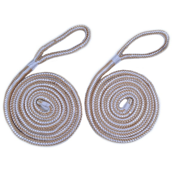 3/8" Gold/White Fender Line For Boats - Double Braided Nylon 6 Feet Marine Rope - 2 Pack