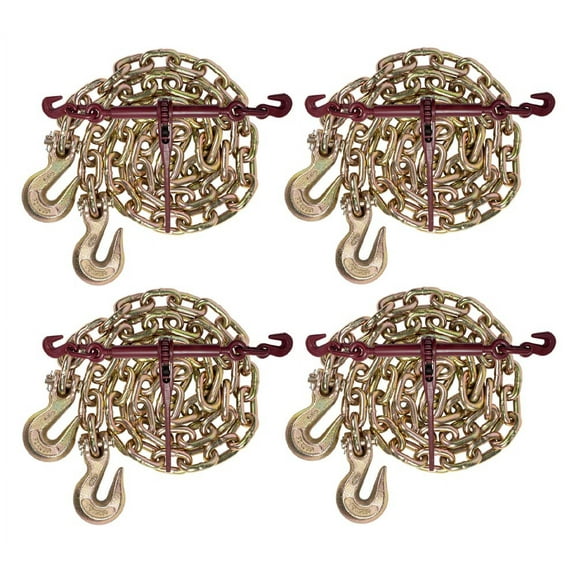 3/8" Grade 70 Chain and Binder Kit | Includes (4) 3/8" - 1/2" Ratchet Load Binder & (4) 3/8" x 20' G70 Transport Chain w/Grab Hooks | 6600 lbs WLL for Flatbed Truck Trailer Tie Down