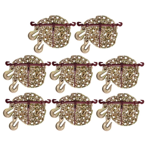 3/8" Grade 70 Chain and Binder Kit | Includes (8) 3/8" - 1/2" Ratchet Load Binder & (8) 3/8" x 16' G70 Transport Chain w/Grab Hooks | 6600 lbs WLL for Flatbed Truck Trailer Tie Down