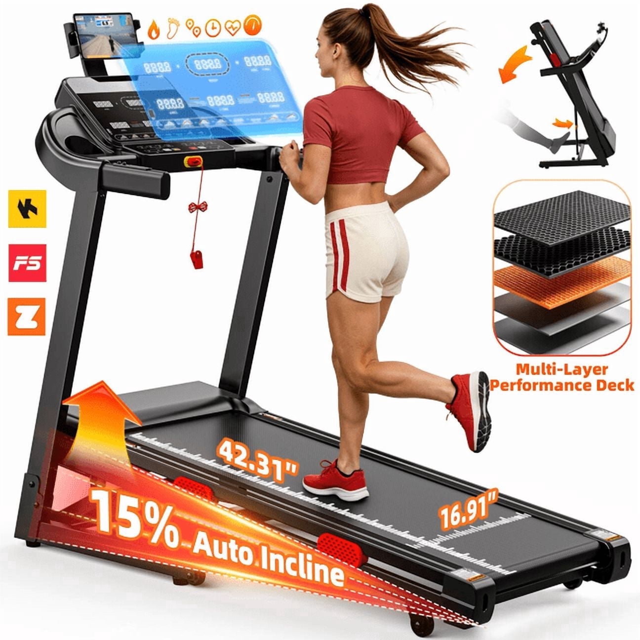 3.8 HP Electric Home Folding Treadmill  15% Auto Incline, Treadmill 300 lb Capacity, Bluetooth App, 105 Programs  compact Home Gym Treadmill, Jogging walking exercise equipment,Free Coach Courses deal from Walmart