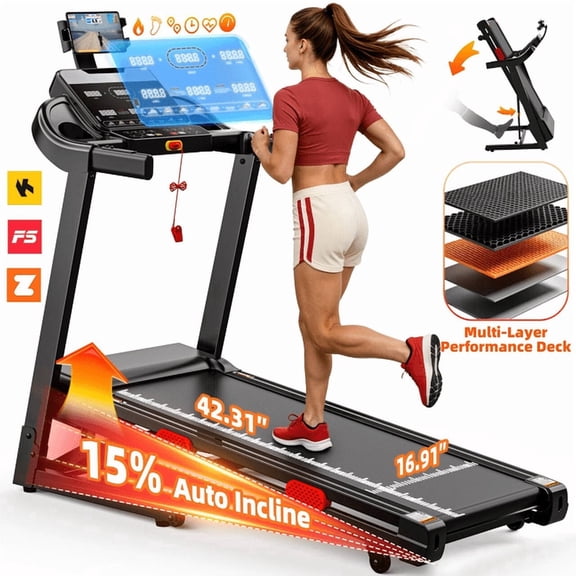 3.8 HP Electric Home Folding Treadmill 15% Auto Incline, Treadmill 300 lb Capacity, Bluetooth App, 105 Programs compact Home Gym Treadmill, Jogging walking exercise equipment,Free Coach Courses