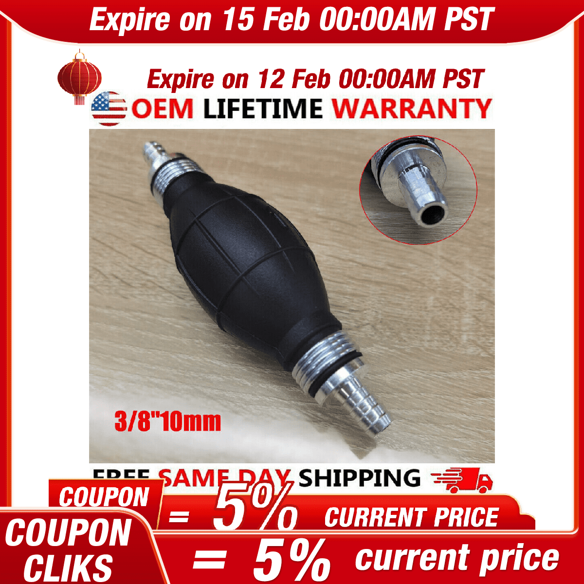 3/8'' Hand Primer Bulb Outboard Car Marine Boat Gas Fuel Line Pump All