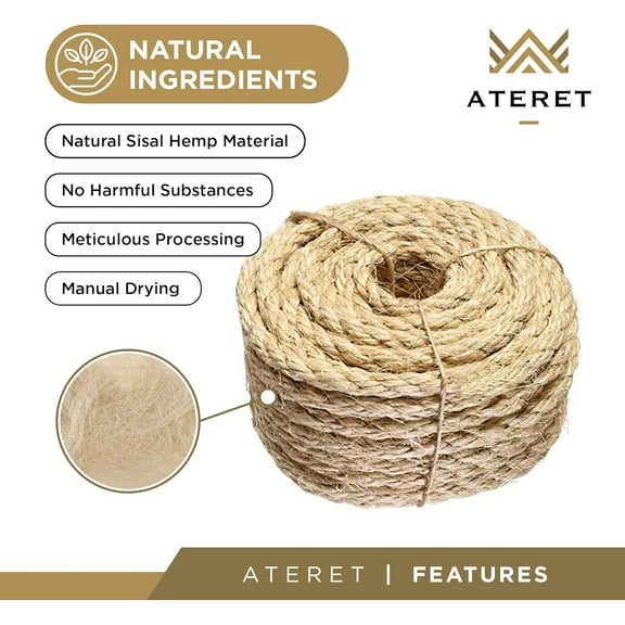 3/8 Inch by 100-Feet Sisal Rope I Natural Fiber Twisted Sisal Rope I Multipurpose, Lightweight, Weather-Resistant Rope for Indoor/Outdoor Use, Rugs, Marine, and DIY Projects (1-Pack)