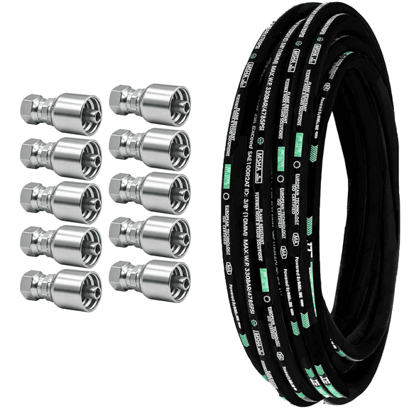 3/8 Inch 100 Ft Flexible Rubber Hydraulic Hose 4785 PSI & 10 JIC Female Fittings