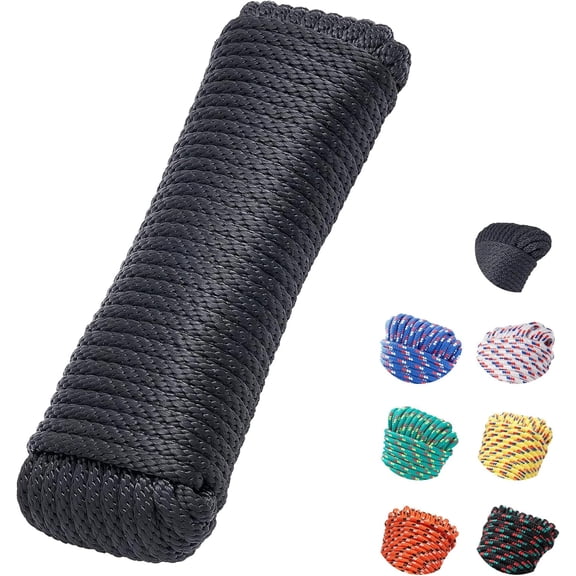 3/8 Inch 100 ft Solid Braided Polypropylene Rope, Outdoor , All Purpose Boat Marine Thick Tie for Camping and Flag Pole, Indoor and Outdoor Use, Black