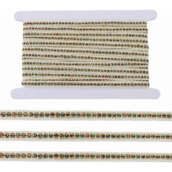 3/8 Inch 18 Yard White Gold Gimp Metallic Braid Ribbon Woven Fringe Centipede Edge Lace Sparkly Trimming Shiny Polyester Trim for Sewing Making Wedding Christmas Party Decor Diy Craft Supply White