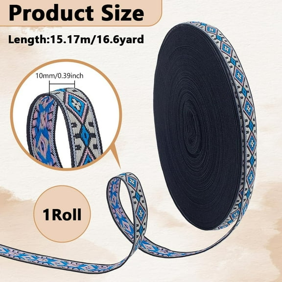 3/8 Inch Blue Rhombus Jacquard Ribbon Ethnic Trim for Clothing Accessories Bag Embellishment Wrapping